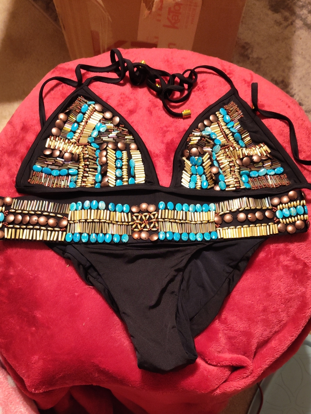 Beach Bunny Black Bikini with Turquoise and Gold Beading